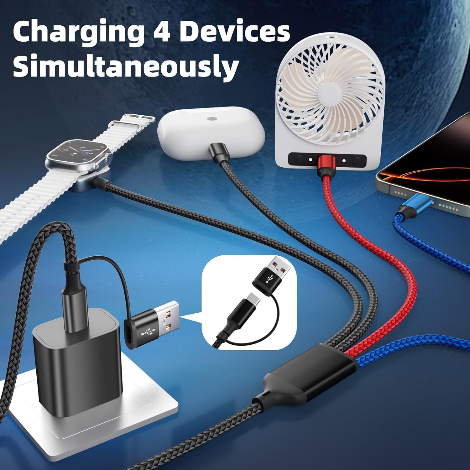 Travel Essentials 4IN2 USB C Cable for Apple Watch Charger/iPhone 17, 5FT | Dual Type-C Ports Multi Charging Cable, iWatch Charger For iWatch Ultra/SE/11-2, iPhones, Carplay, Travel iPhone Charger - Image 2