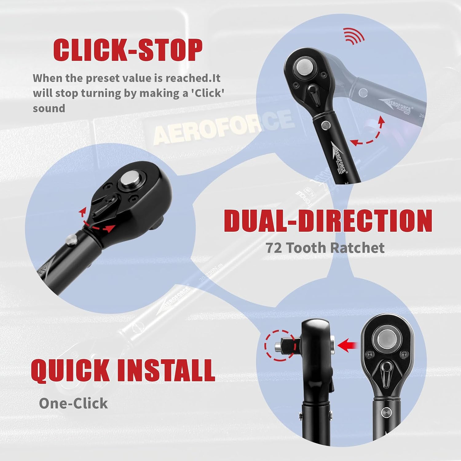 AEROFORCE 1/4 & 3/8 & 1/2-inch Drive Click Torque Wrench, 3Pcs Torque Wrench Set 4-20Ft.lb, 5-45Ft.lb, 15-165Ft.lb 72-Tooth Dual Scale for Bike, Moto, Car Repair - Image 5