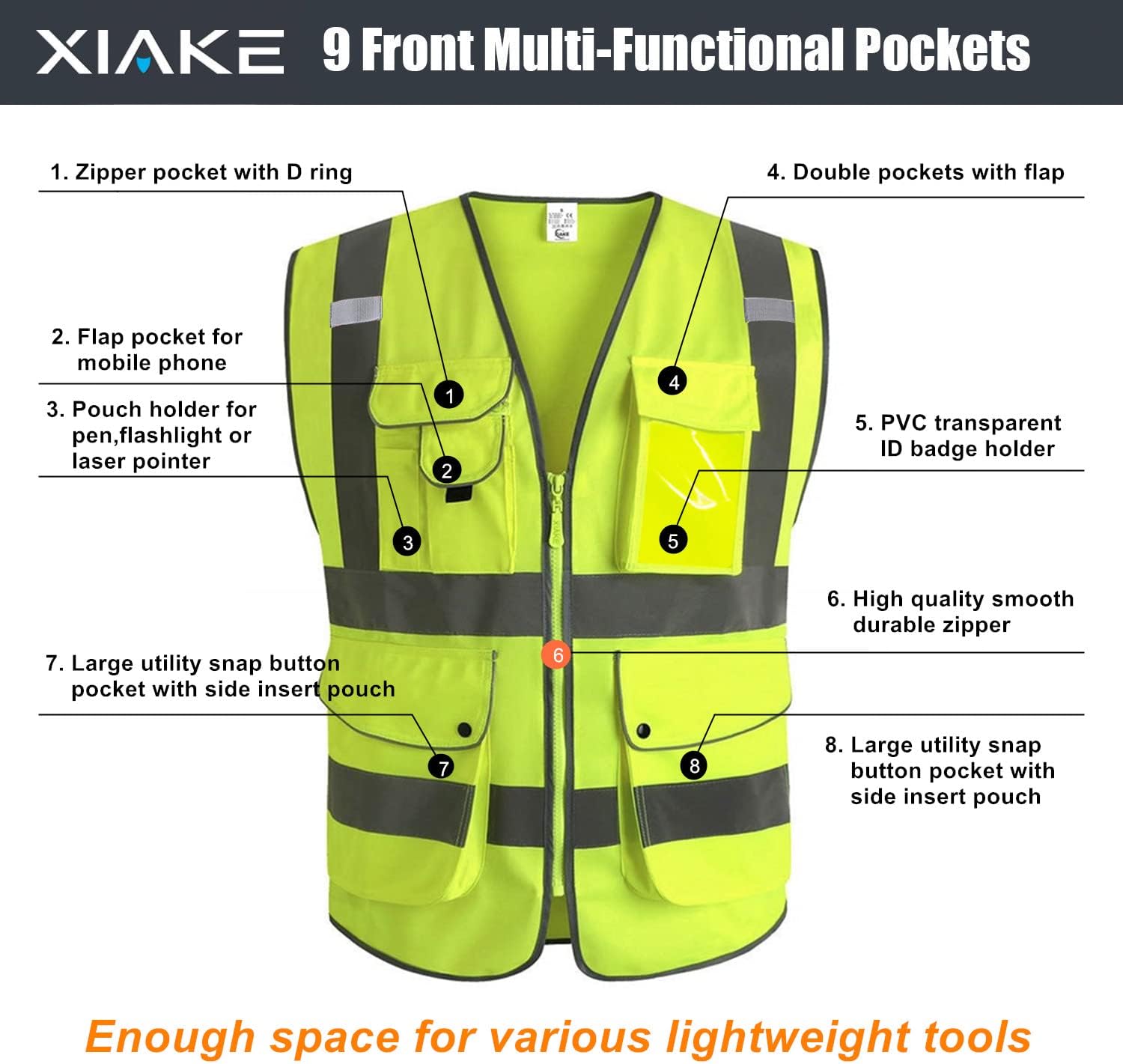 XIAKE 9 Pockets Class 2 High Visibility Reflective Safety Vest for Men Women,Meets ANSI/ISEA Standard - Image 5