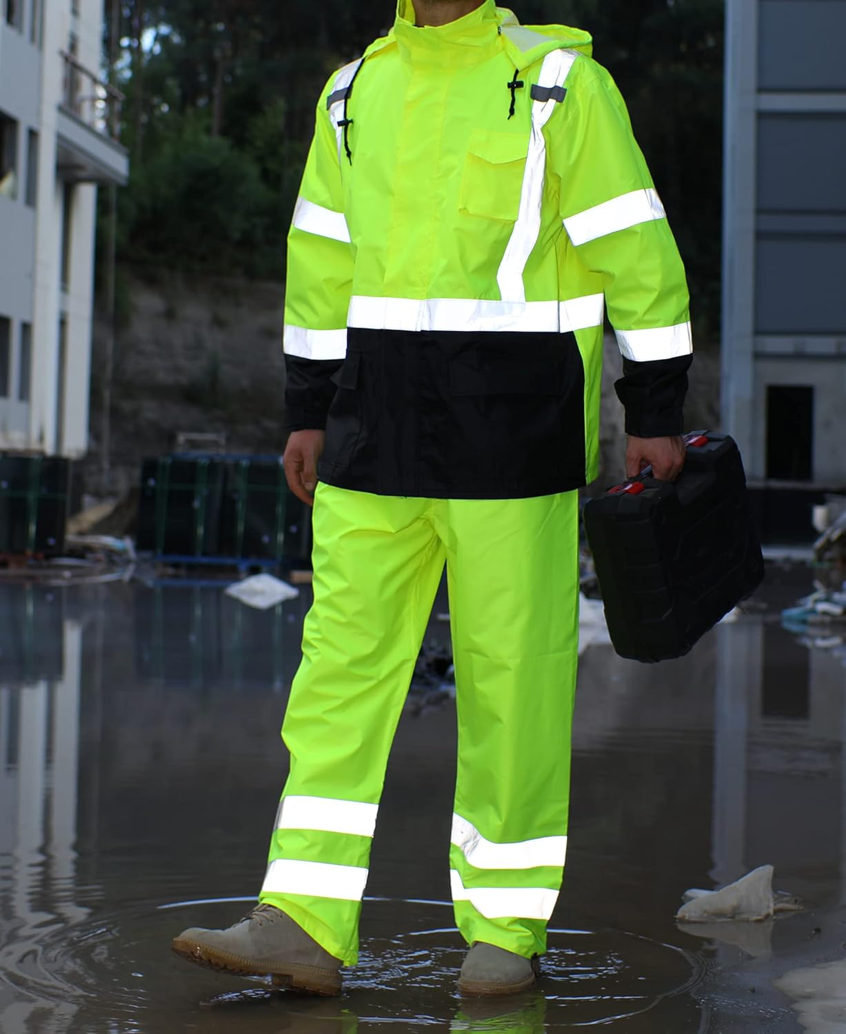 sesafety Hi Vis Rain Jacket, Rain Suits for Men Waterproof withBlack Bottom, Rain Coats for Men Interior Mesh, Class 3 HighVisibility Rain Gear,Removable Hood - Image 2