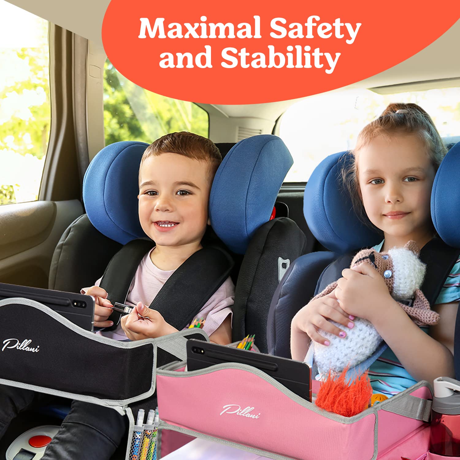 PILLANI Kids Travel Tray for Car - Car Seat Tray with Activity Sheets & Pens, Road Trip Essentials for Car & Airplane, Must Have Toddler Travel Lap Desk Accessories - Road Trip Activities for Kids - Image 6