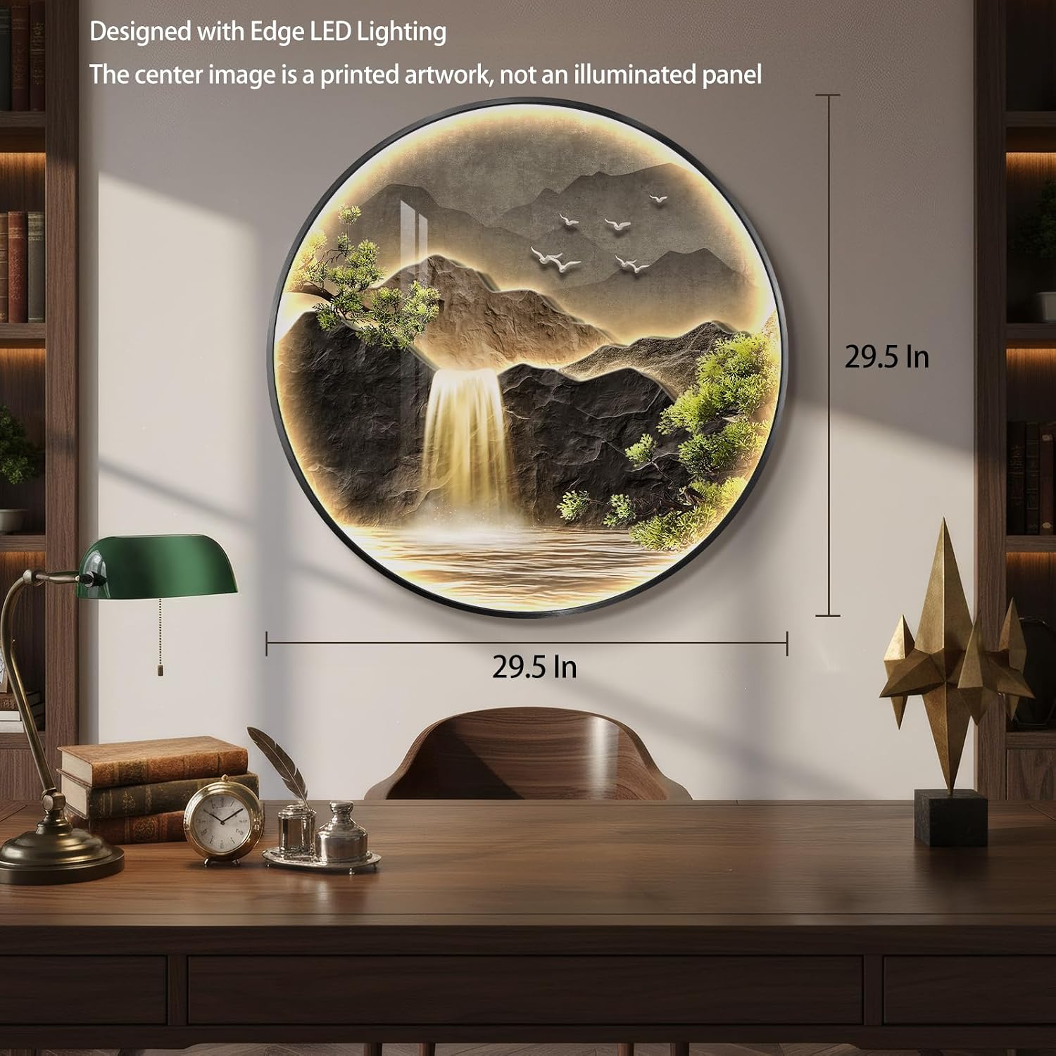 Large LED Mountain Waterfall Wall Art for Living Room, Framed Round Modern Lighted Landscape Picture Artwork for Walls, Backlit Nature Wall Decor for Hallway, Dining Room, Entryway, Office, 30x30 Inch - Image 4