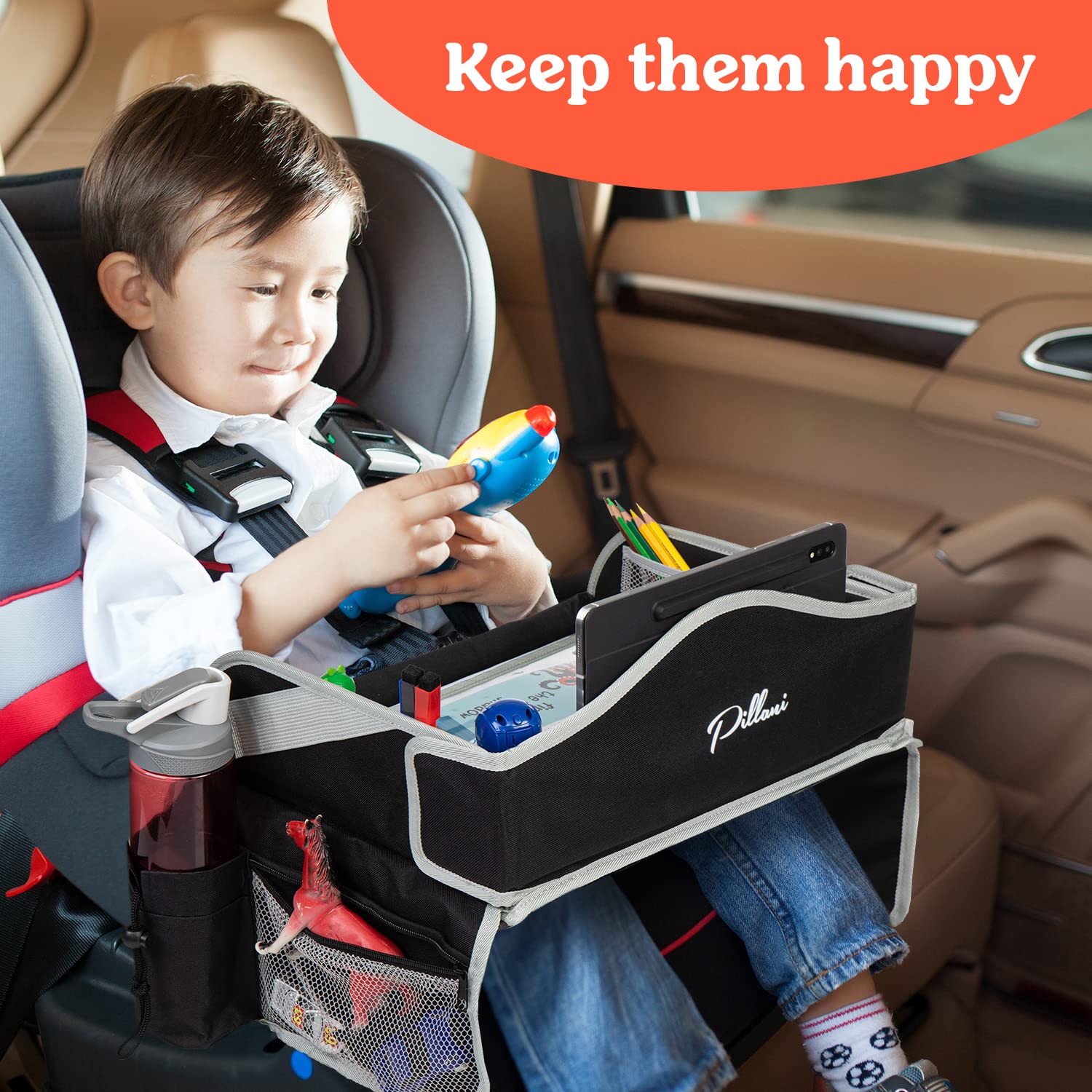 PILLANI Kids Travel Tray for Car - Car Seat Tray with Activity Sheets & Pens, Road Trip Essentials for Car & Airplane, Must Have Toddler Travel Lap Desk Accessories - Road Trip Activities for Kids - Image 2