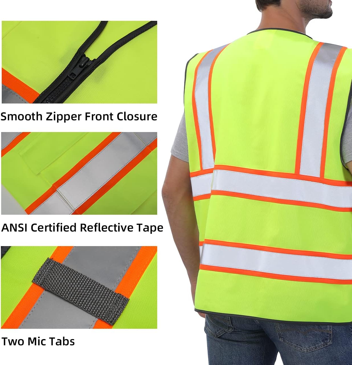 Dib Safety Reflective Vest High Visibility Two Tone with Pockets and Zipper, ANSI Class 2 Compliant, Yellow with Orange Trim XL - Image 3