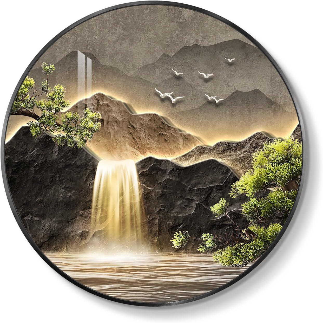 Large LED Mountain Waterfall Wall Art for Living Room, Framed Round Modern Lighted Landscape Picture Artwork for Walls, Backlit Nature Wall Decor for Hallway, Dining Room, Entryway, Office, 30x30 Inch - Image 8
