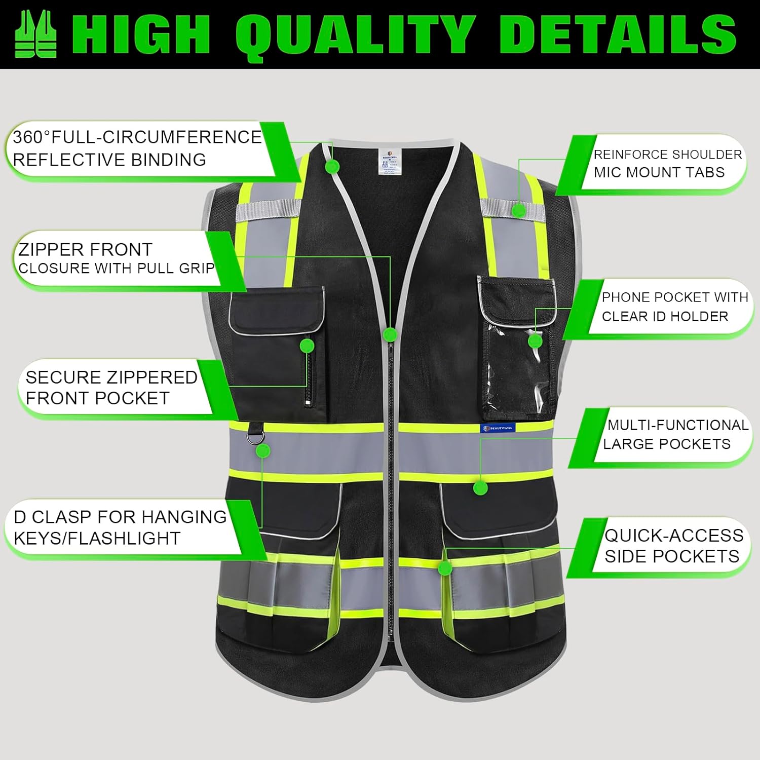 BeautyWill ANSI Certified Custom Logo Safety Vest 8-Pockets Class2 High Visibility Reflective Vest for Men - Personalized Logo Heavy-Duty Work Vest(Black,L) - Image 6