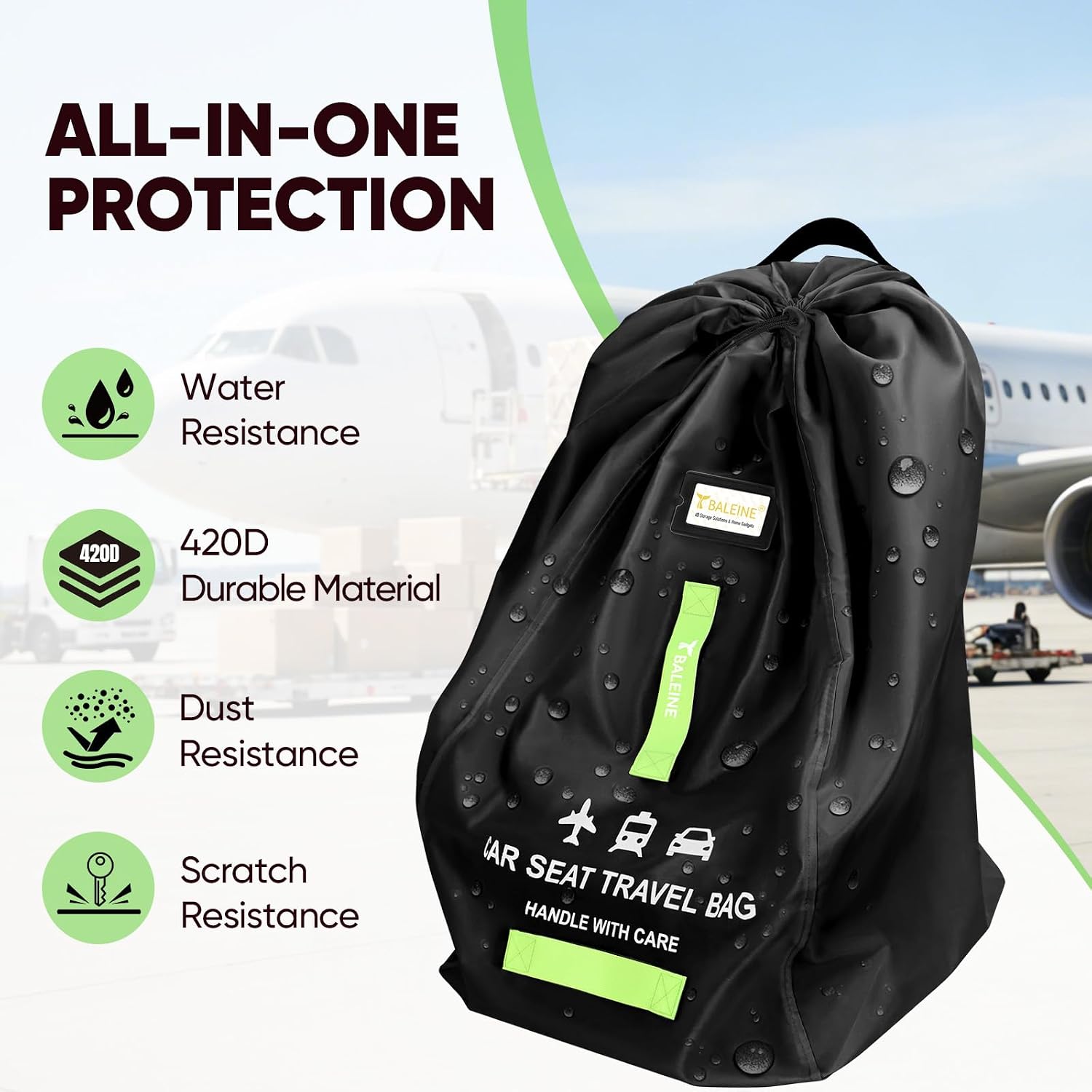 BALEINE Car Seat Travel Bag for Airplane, Water-Resistant Car Seat Bags for Air Travel, Foldable Cover with 3 Handles, Fits Toddler Carseat, Convertible and Booster Seats (Black) - Image 4