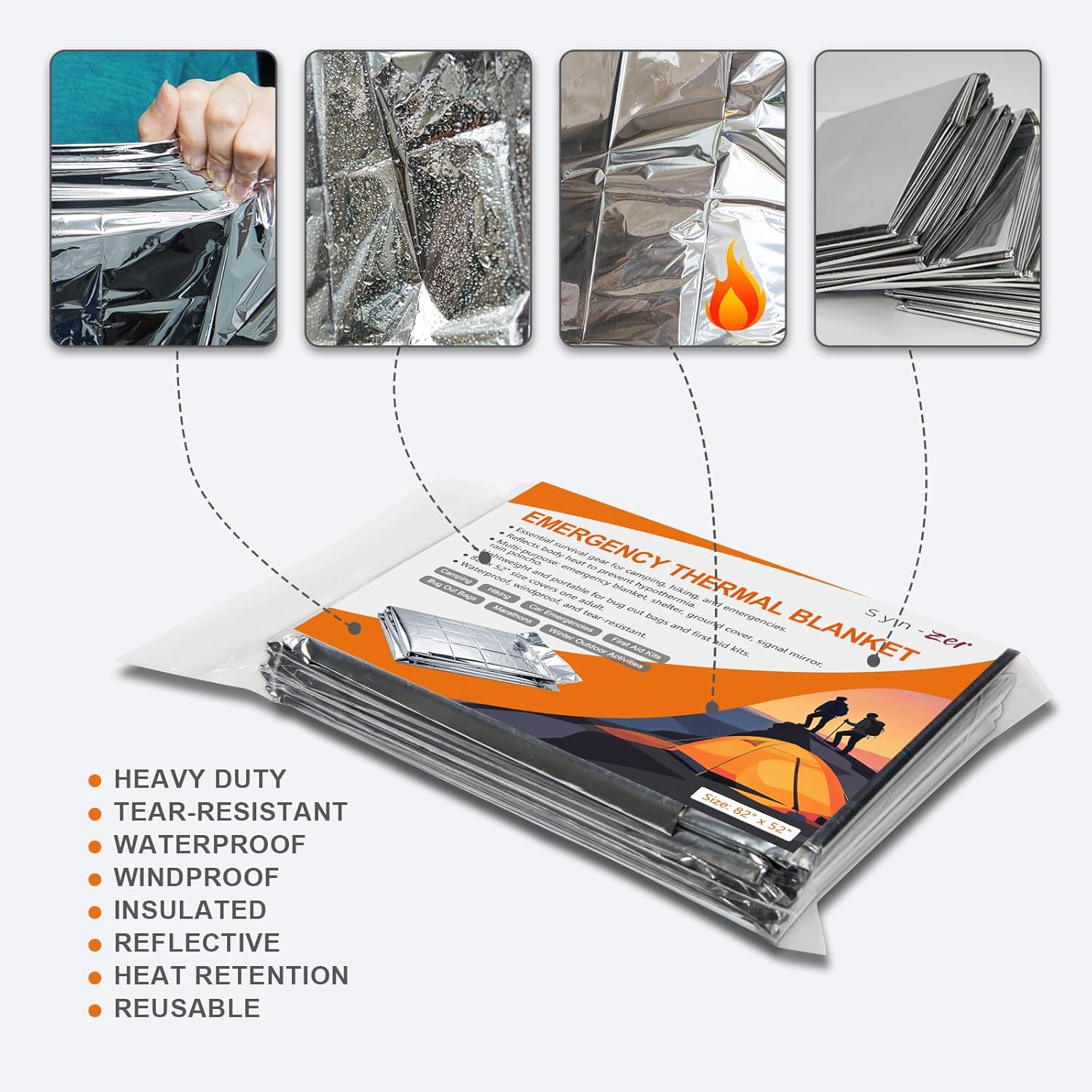 Syn-zer Emergency Mylar Thermal Blankets 4-Pack – 82"x52" Space Blankets for Camping, Hiking, First Aid, Car Emergency, Bug Out Bag, and Cold Winter Outdoor Activities - Image 5