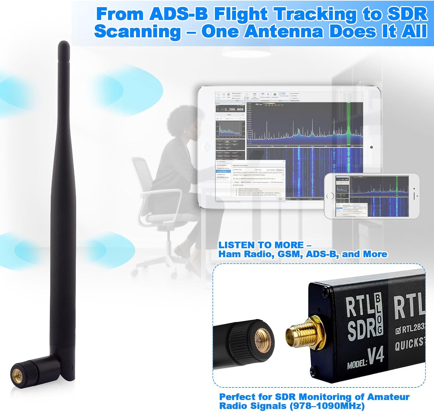 ADS-B Antenna 978MHz-1090MHz 6dBi Gain Wideband SMA Male for Software Defined Radios RTL-SDR FlightAware SDR Antenna for Aircraft Tracking Scanner Receiver (2 Pack),Kaunosta - Image 5