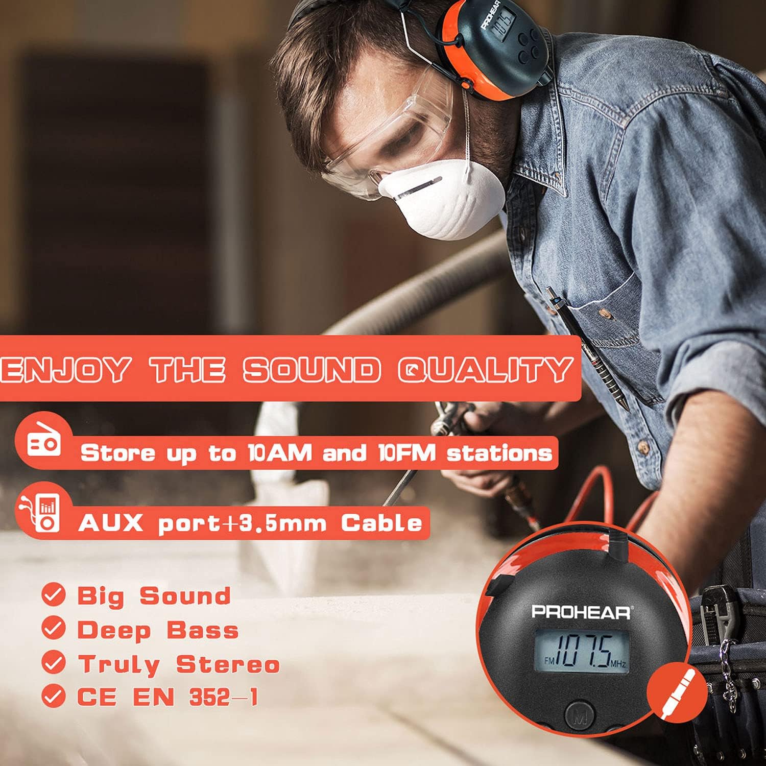 PROHEAR 027 AM FM Radio Headphones with Digital Display, 25dB NRR, Safety Ear Protection Earmuffs for Mowing, Snowblowing, Construction, Work Shops - Orange - Image 3