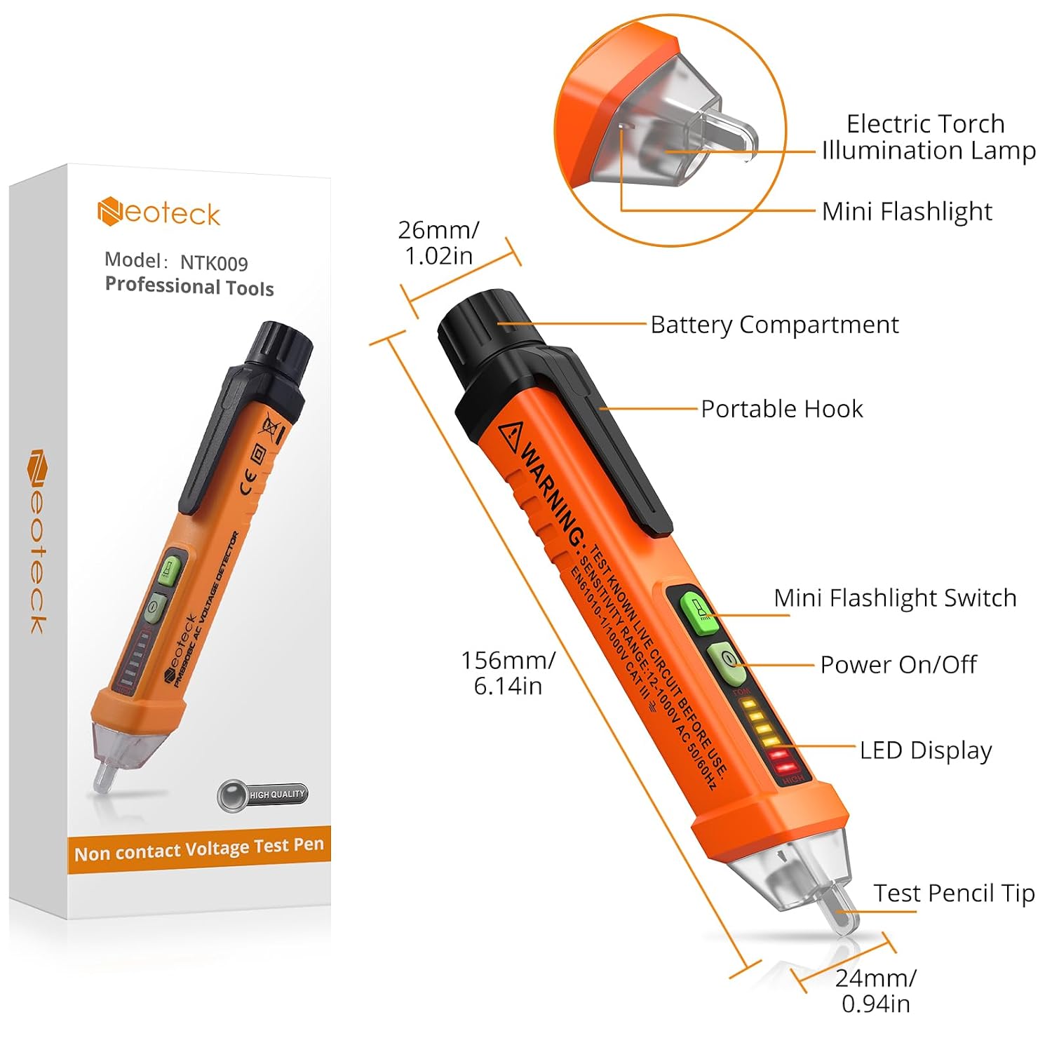 Neoteck Non-Contact AC Voltage Tester Pen, AC 12-1000V, LED Flashlight, Buzzer Alarm for Live/Null Wire Judgment - Image 8
