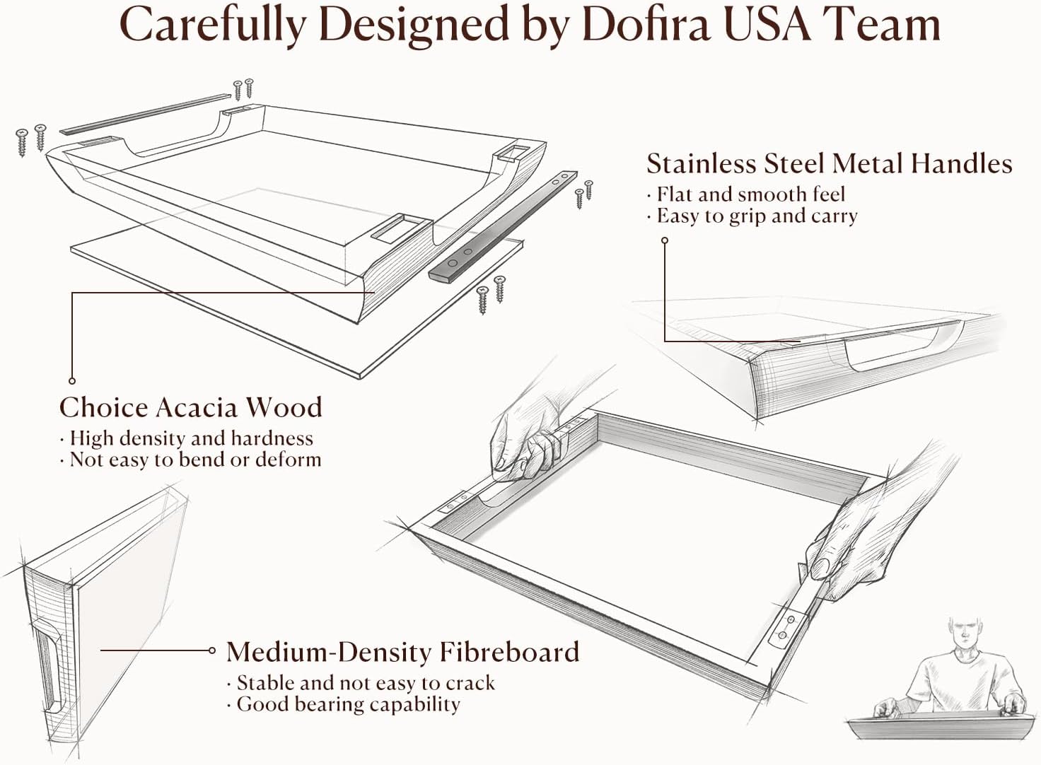 Acacia Wood Serving Tray with Metal Handles, 17x13in Large Ottoman Tray, Food Drinks Tray for Coffee Table, Breakfast, Dinner & Bar, Rustic Decorative Tray for Kitchen, Bedroom Gift Box - Image 7