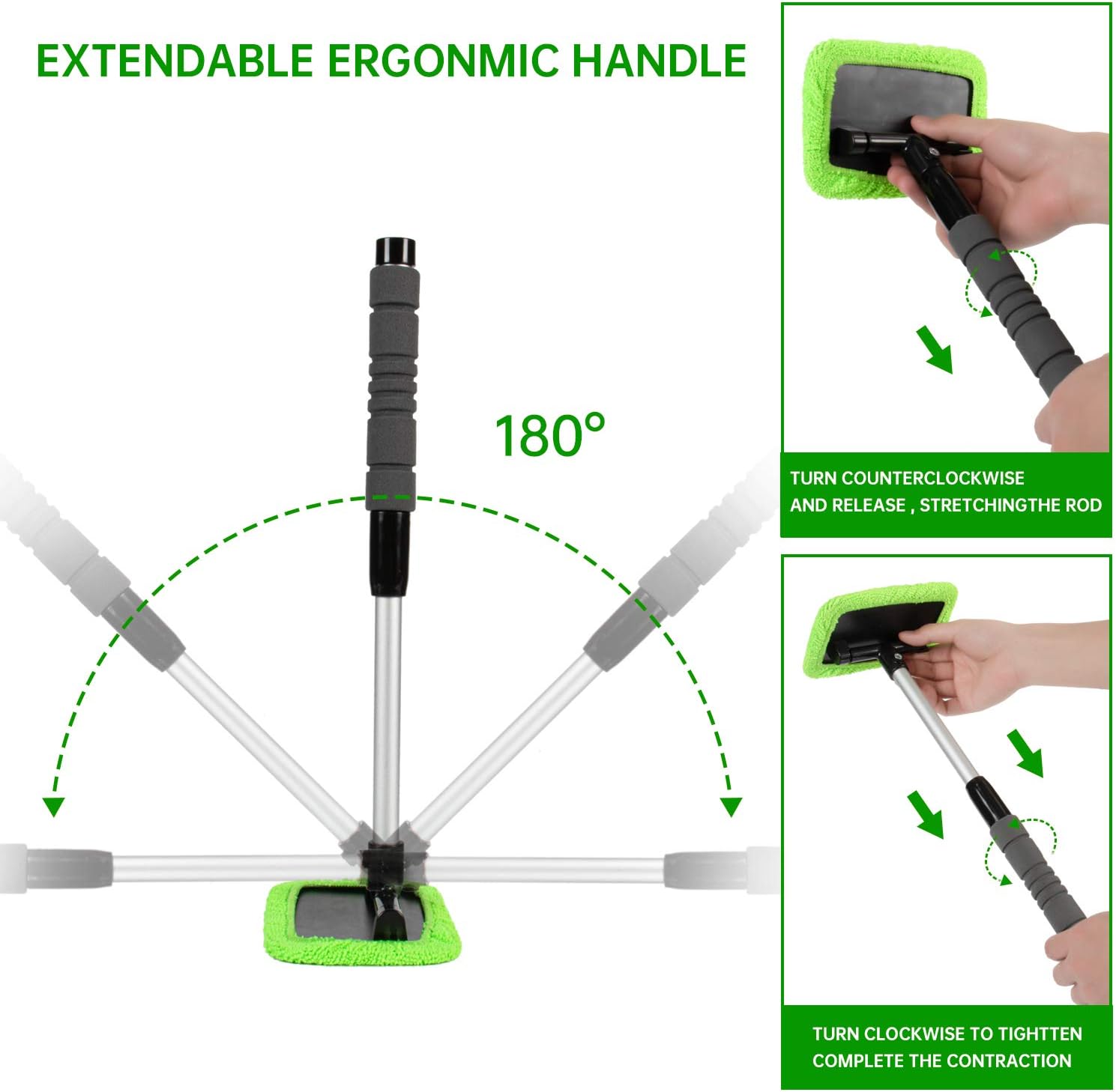 XINDELL Windshield Cleaner Tool – Car Window Cleaning Tool Extendable Handle for Easy Cleaning, 9pcs Reusable Microfiber Pads, Streak-Free Interior & Exterior Auto Glass Cleaner (Green) - Image 3