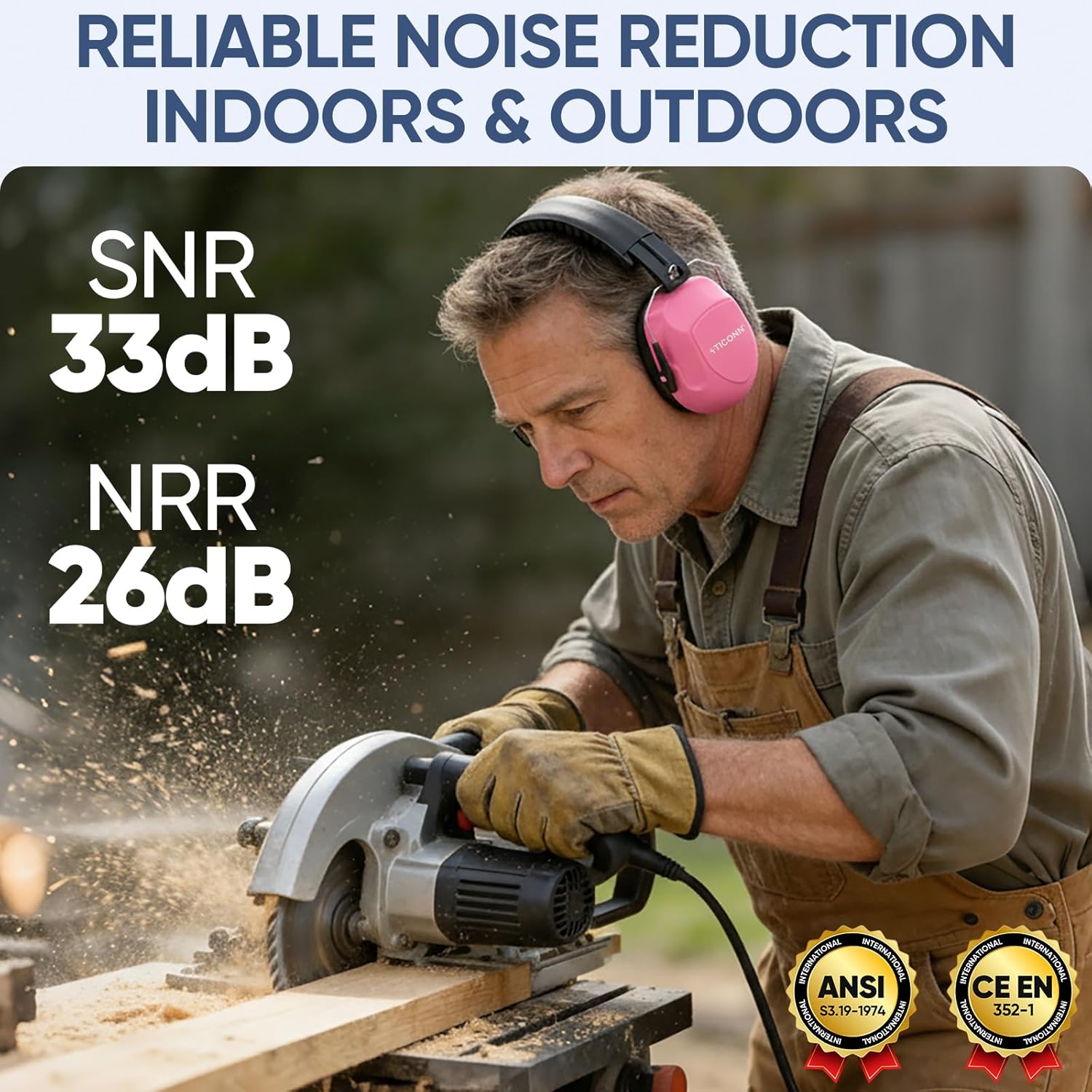 TICONN Noise Cancelling Ear Muffs for Adults, SNR 33dB Hearing Protection, Adjustable Safety Earmuffs for Construction - Image 2