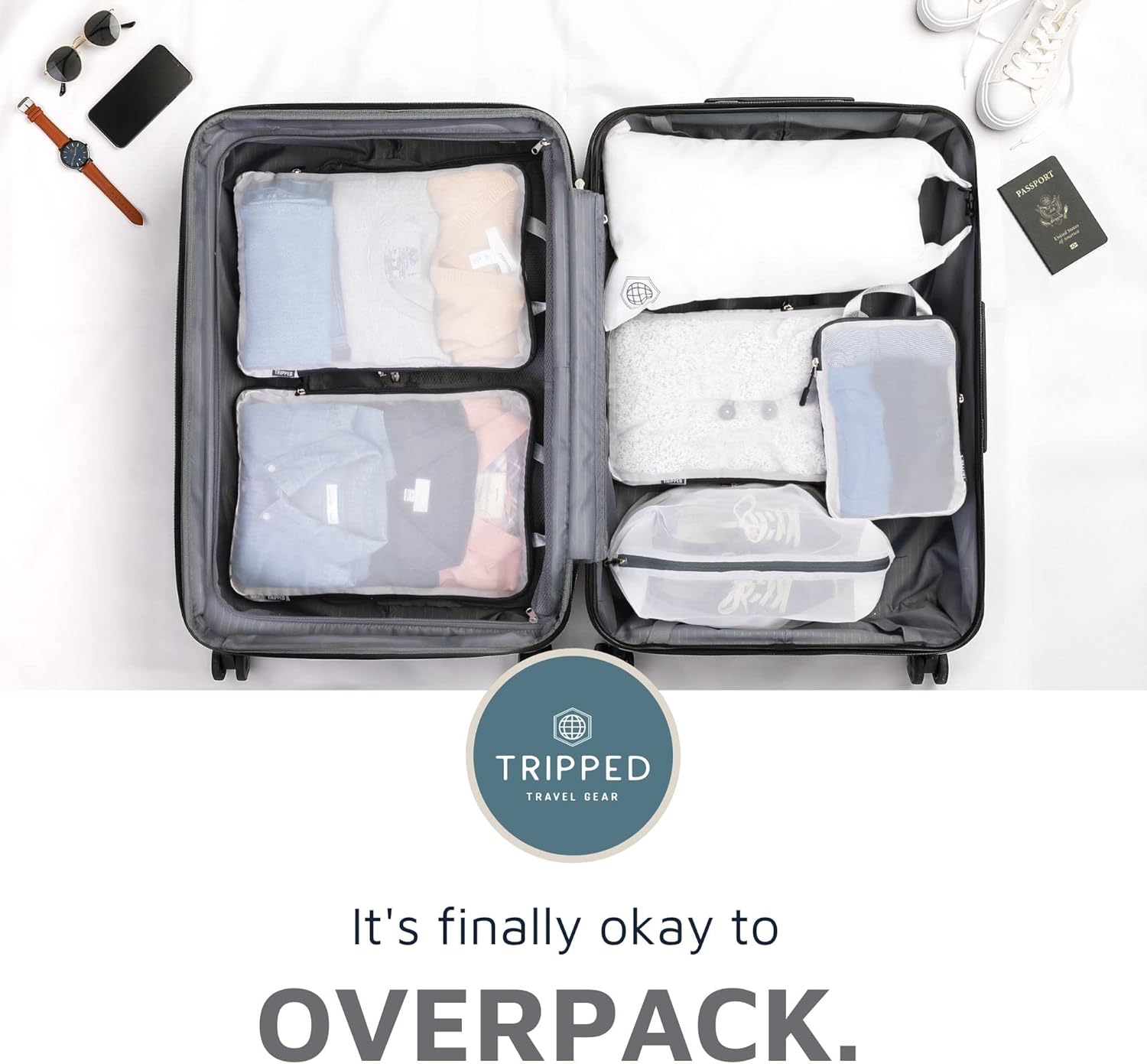 Large Packing Cube Set with See Through Mesh- Compression Packing Cubes Travel Organizers by TRIPPED Travel Gear (White) - Image 7