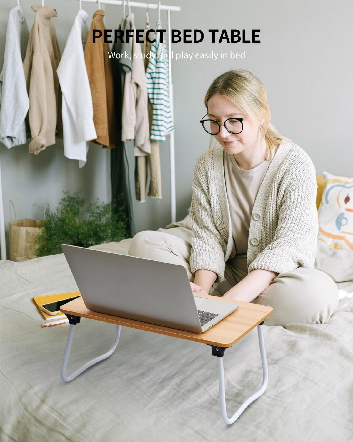 Ruxury Foldable Lap Desk Laptop Stand Bed Desk Table Tray, Breakfast Serving Tray, Portable & Lightweight Mini Table, Lap Tablet Desk for Sofa Couch Floor - Wood - Image 2