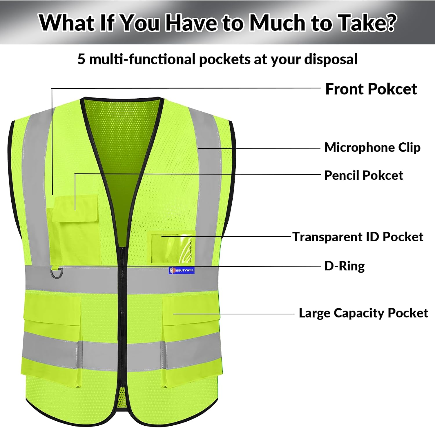 BeautyWill Custom Safety Vest logo Visibility Reflective Vest Class 2 Hi Vis Security Construction Work Vest - Image 4