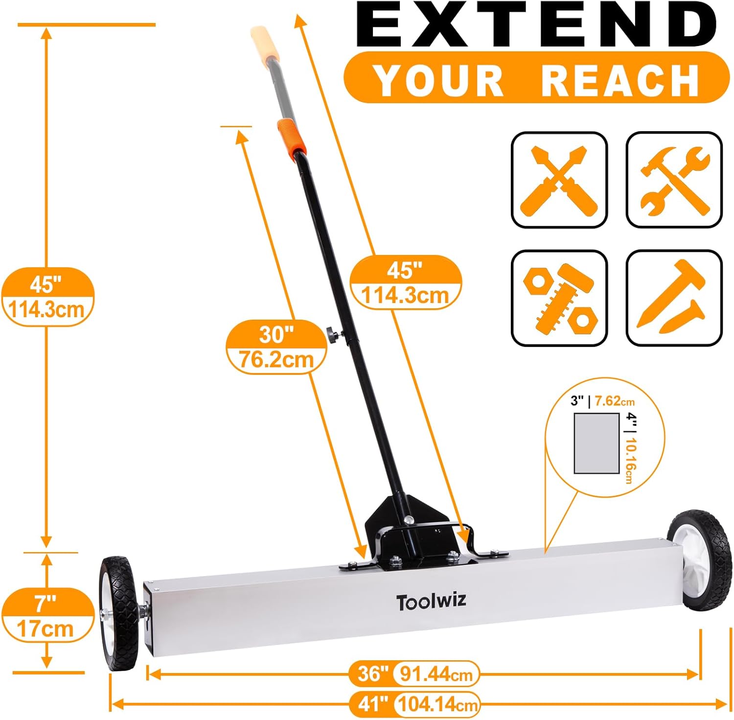 Toolwiz 36'' Magnetic Sweeper with Wheels, 50 Lbs Capacity Rolling Magnetic Floor Sweeper with Telescoping Holder and Quick Release Latch Industrial Heavy Duty Metal Pick Up 36 Inches - Image 3