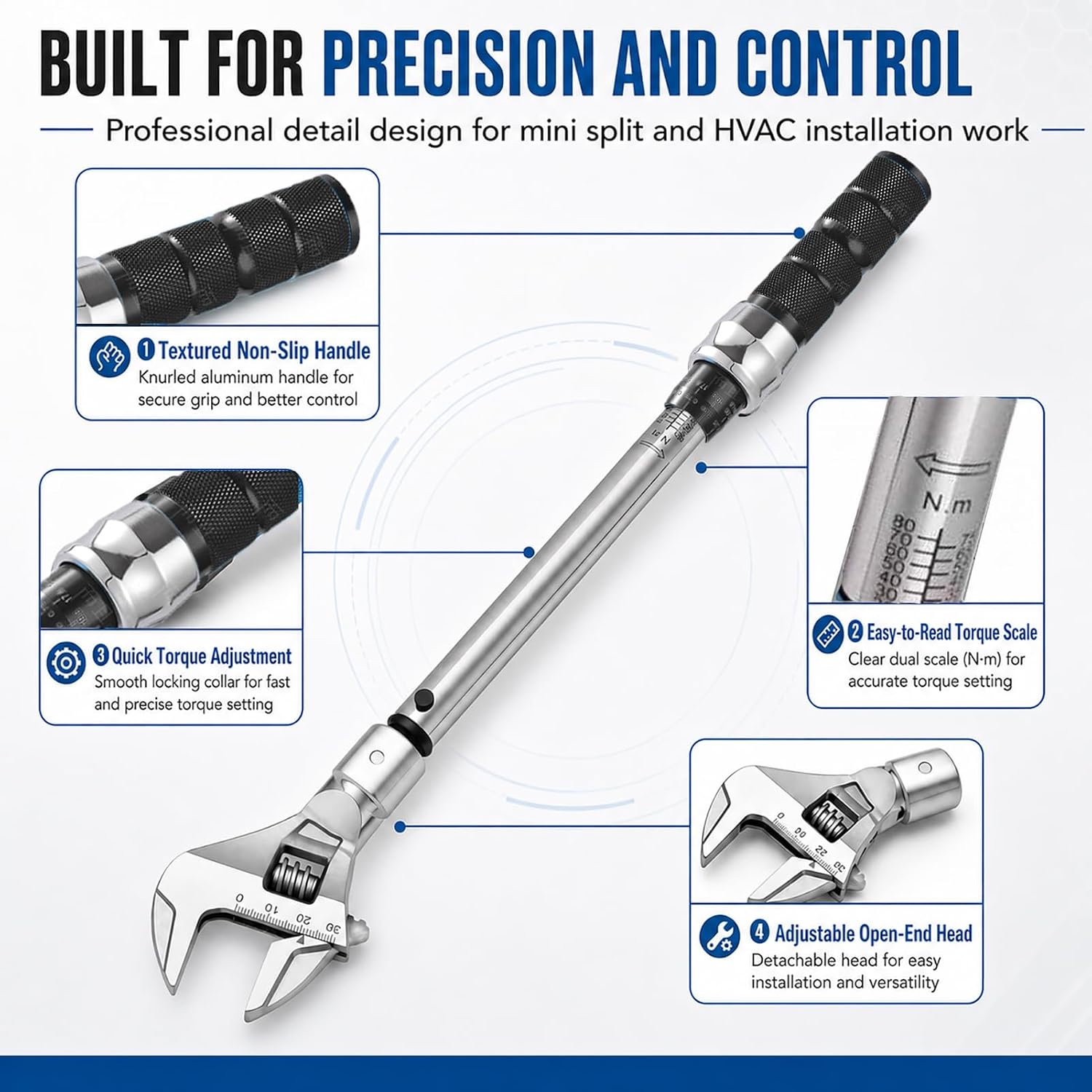 Adjustable Torque Wrench, 10 to 80 Nm 30mm Open End Torque Wrench with Click and Changeable Head for Hvac Mini Split and Refrigeration System - Image 7