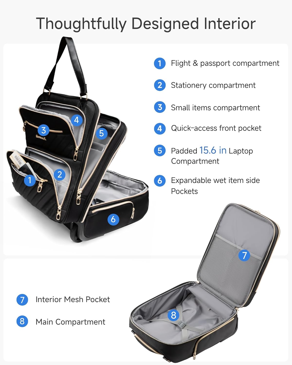 LUGGEX Underseat Carry On Luggage with Wheels, UDK Stylish Lightweight Under Seat Luggage, Soft Sided Personal Item Suitcase for Short Trip (UX-Core, Black, 16 Inch) - Image 4
