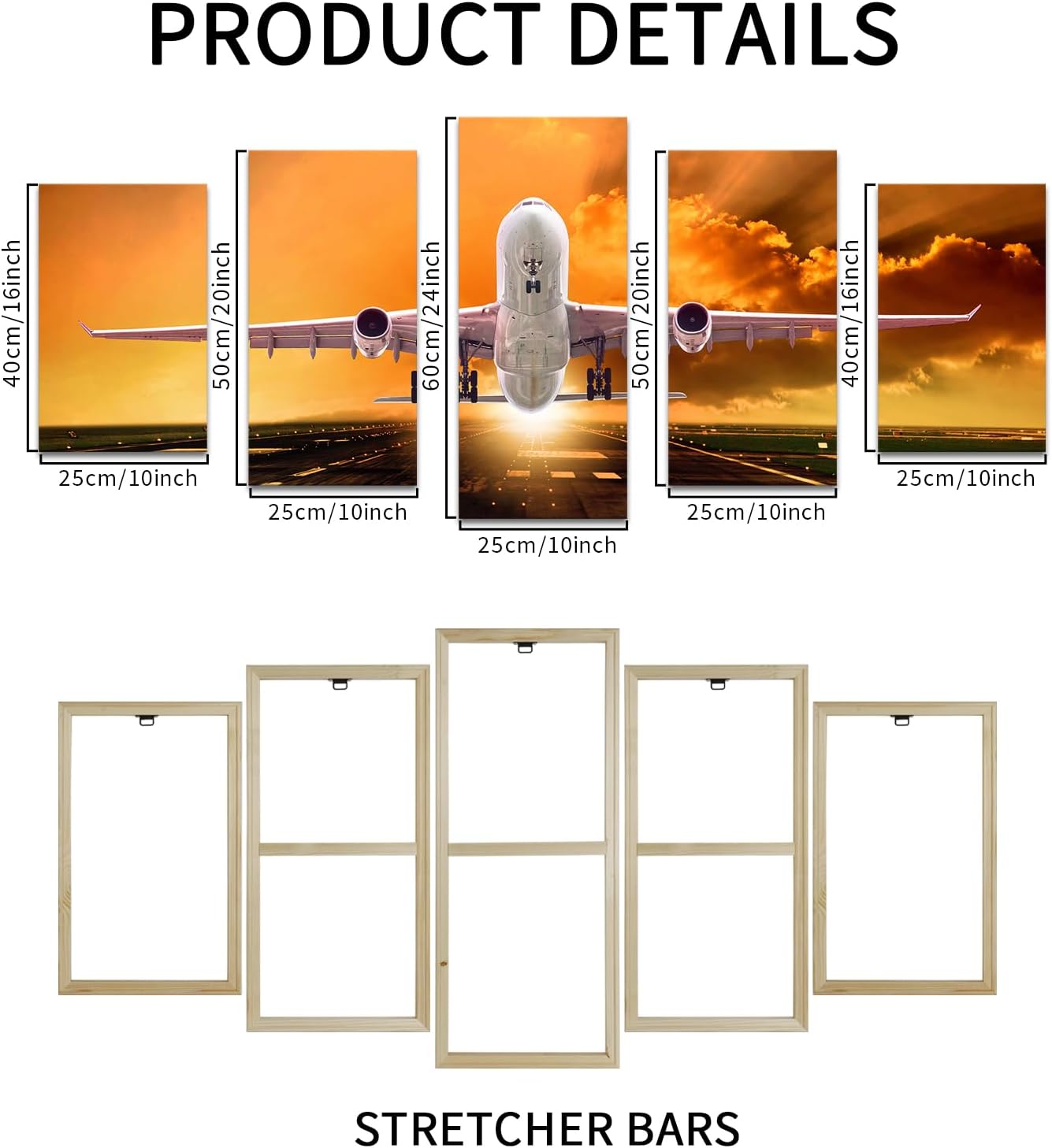Muzenso 5 Panel Canvas Prints Airplane Sunset Wall Art Passenger Jet Taking Off Canvas Painting Aviation Artwork for Living Room Bedroom Office Pilot Studio Home Decor Stretched Ready to Hang - Image 6