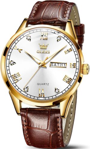 OLEVS Mens Watch Brown Leather Band...