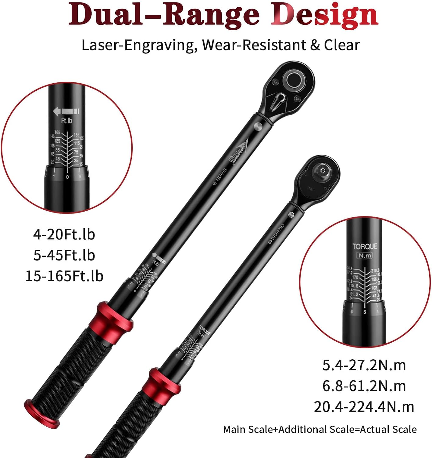 AEROFORCE 1/4 & 3/8 & 1/2-inch Drive Click Torque Wrench, 3Pcs Torque Wrench Set 4-20Ft.lb, 5-45Ft.lb, 15-165Ft.lb 72-Tooth Dual Scale for Bike, Moto, Car Repair - Image 3