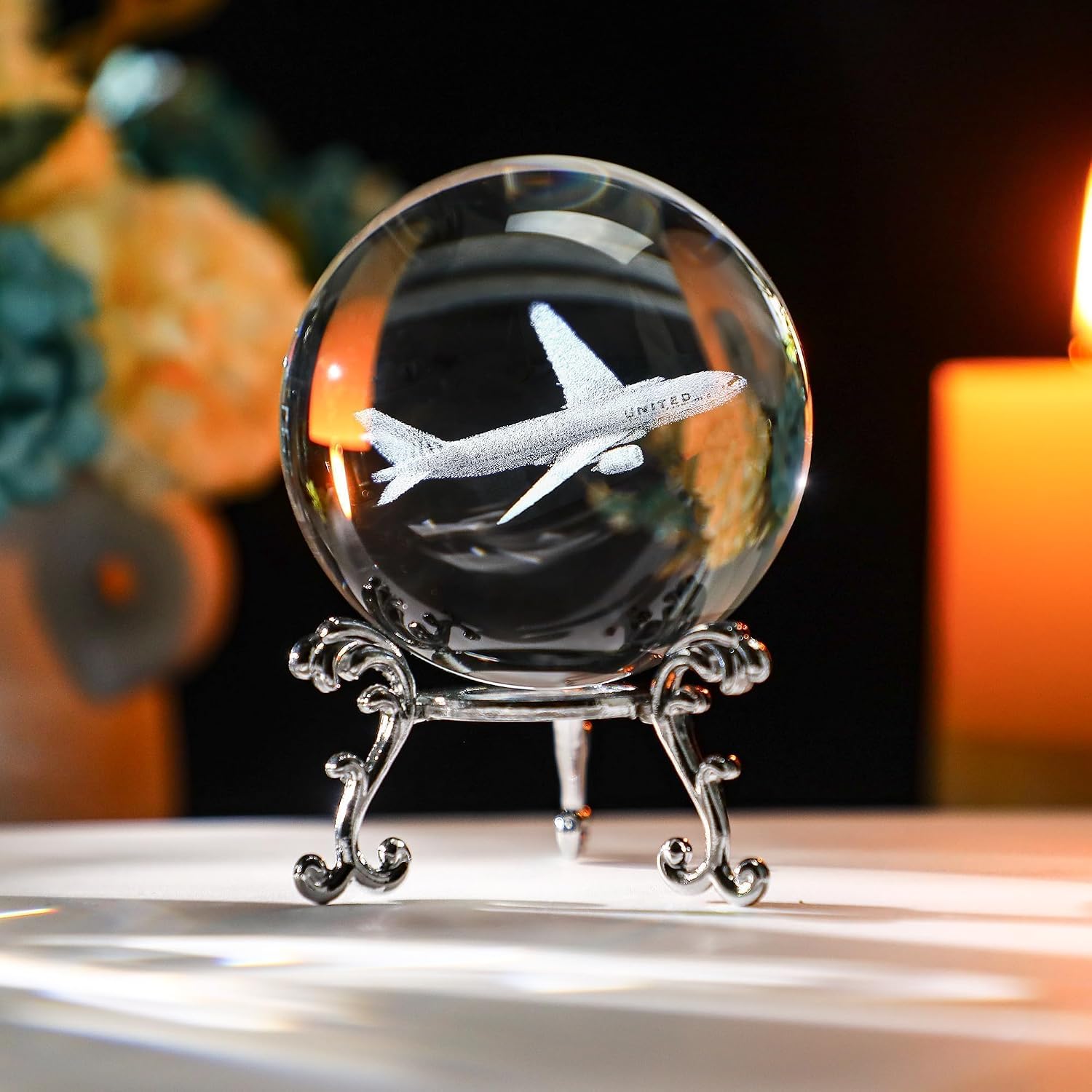 HDCRYSTALGIFTS 60mm 3D Lase Engraved Airplane Crystal Ball with Stand Glass Sphere Plane Paperweight Aviation Decor Pilot Gifts for Men Women - Image 3