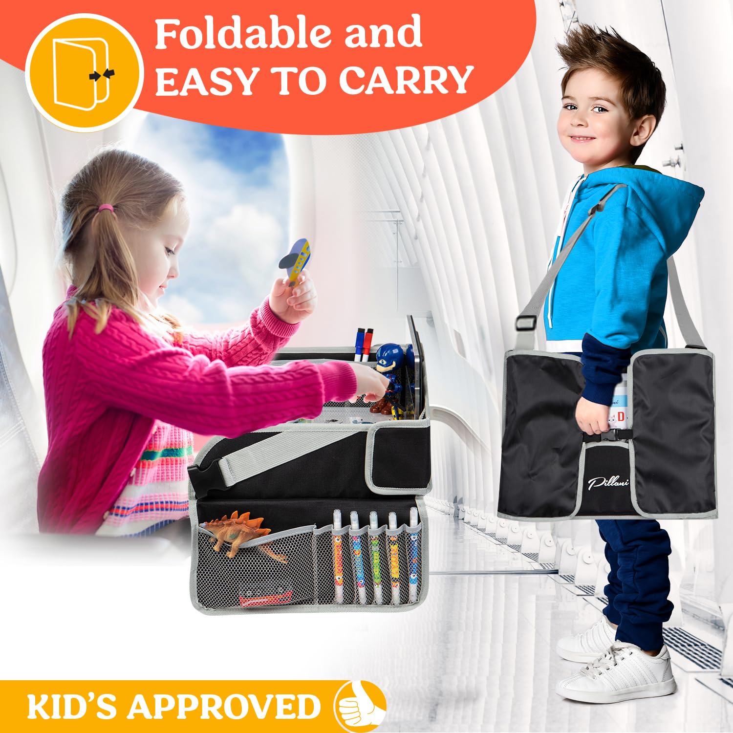 PILLANI Kids Travel Tray for Car - Car Seat Tray with Activity Sheets & Pens, Road Trip Essentials for Car & Airplane, Must Have Toddler Travel Lap Desk Accessories - Road Trip Activities for Kids - Image 5