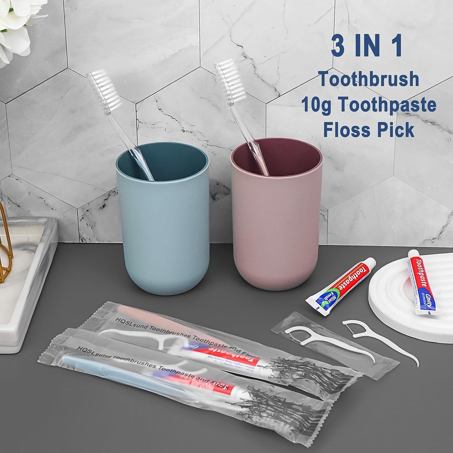 50pcs Disposable Toothbrushes with Toothpaste Floss Individually Wrapped, 2 Color Disposable Toothbrush, 10g Toothpaste, Dental Floss Pick, Bulk Toothbrush Kit for Homeless,Airbnb,Hotel - Image 2