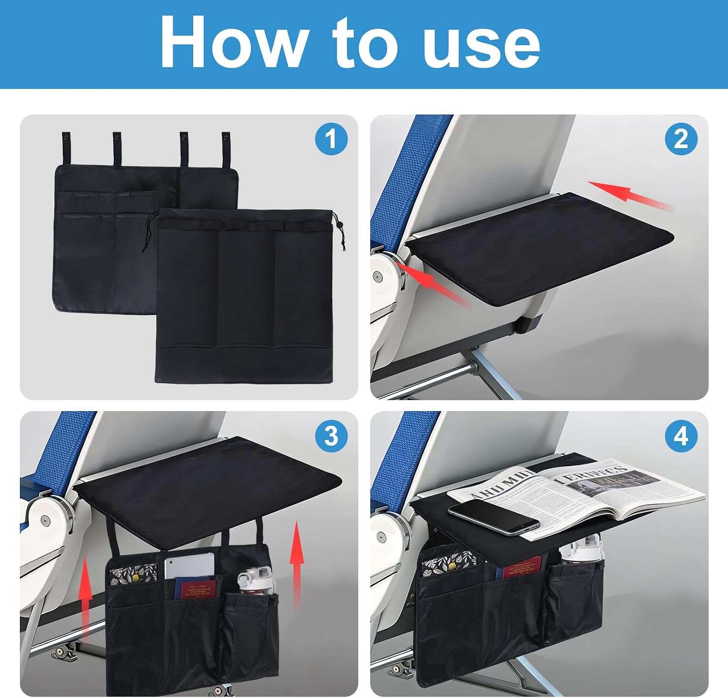 Airplane Tray Cover With Pockets, Airplane Pockets For Seat Backs And Tray Tables, With Dividers For Tablets, Magazines, Mobile Phones And Water Bottles - Image 3