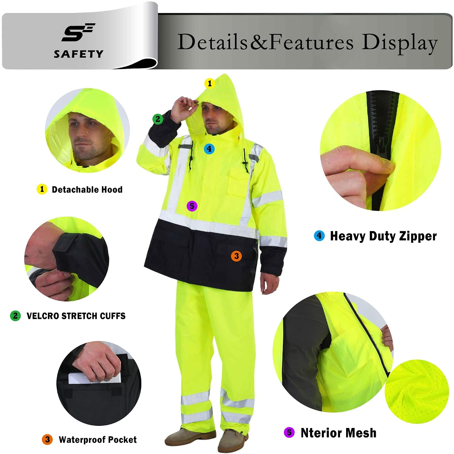 sesafety Hi Vis Rain Jacket, Rain Suits for Men Waterproof withBlack Bottom, Rain Coats for Men Interior Mesh, Class 3 HighVisibility Rain Gear,Removable Hood - Image 6