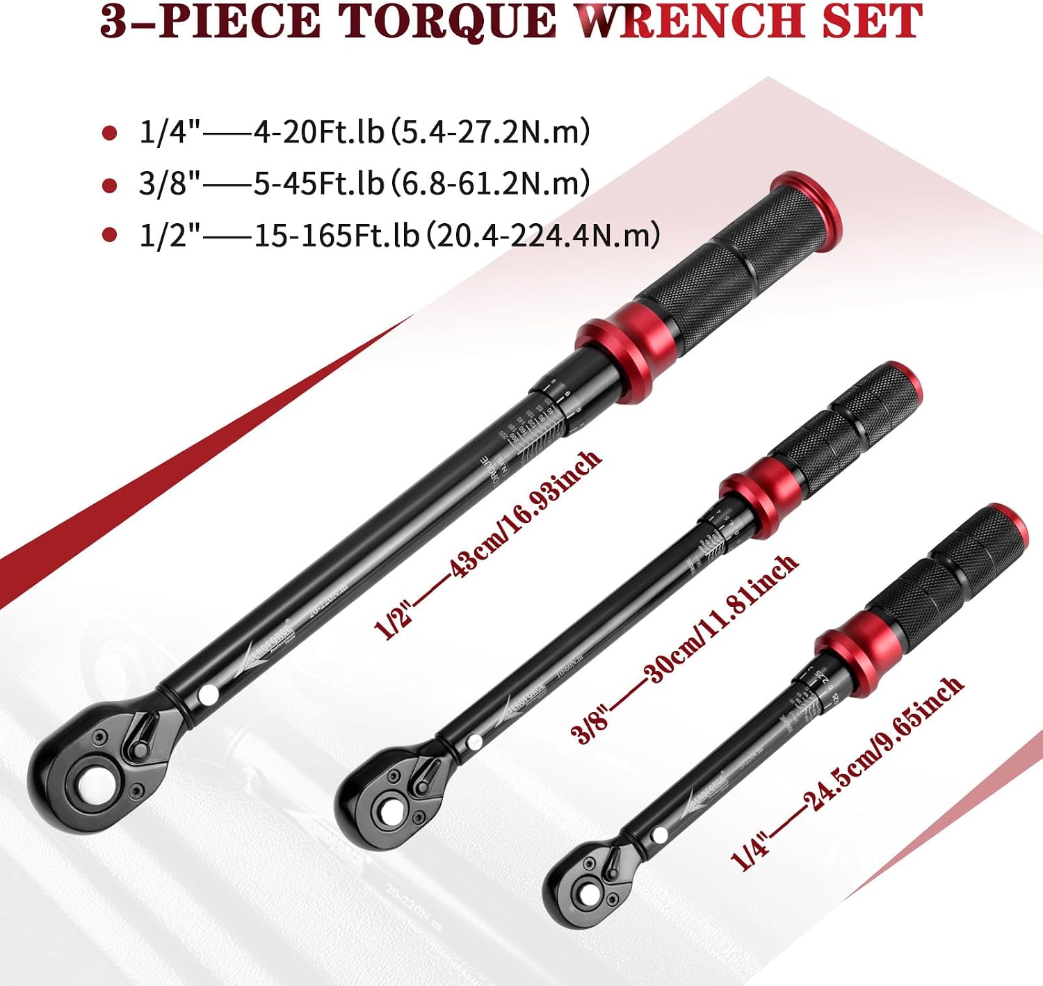 AEROFORCE 1/4 & 3/8 & 1/2-inch Drive Click Torque Wrench, 3Pcs Torque Wrench Set 4-20Ft.lb, 5-45Ft.lb, 15-165Ft.lb 72-Tooth Dual Scale for Bike, Moto, Car Repair - Image 2