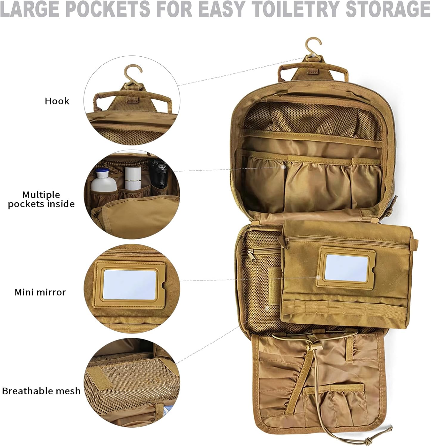 SUNRISING Tactical Travel Toiletry Bag for Men and Women, Hanging Travel Toiletry Organizer Dopp Kit, Toiletries Shaving Hygiene Bathroom Bag,Men's Toiletry Bag for Short Trips Camping - Khaki - Image 4