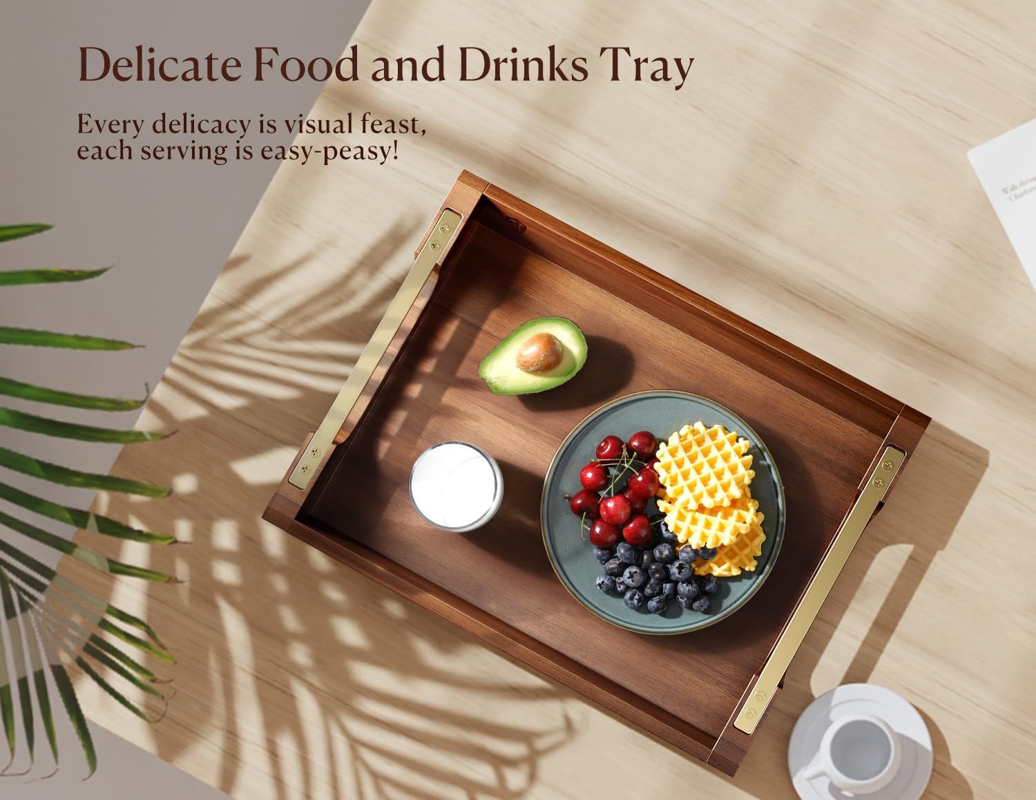 Acacia Wood Serving Tray with Metal Handles, 17x13in Large Ottoman Tray, Food Drinks Tray for Coffee Table, Breakfast, Dinner & Bar, Rustic Decorative Tray for Kitchen, Bedroom Gift Box - Image 4