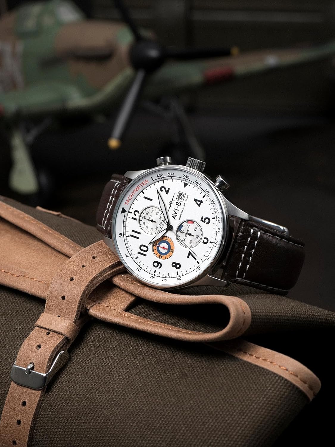 AVI-8 Hawker Hurricane Men's Pilot Watch – Classic Chronograph, Japanese Quartz Movement, Stainless Steel Case, Leather Strap, AV-4011 - Image 5