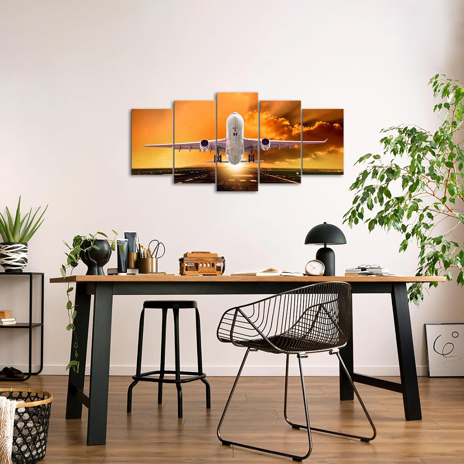 Muzenso 5 Panel Canvas Prints Airplane Sunset Wall Art Passenger Jet Taking Off Canvas Painting Aviation Artwork for Living Room Bedroom Office Pilot Studio Home Decor Stretched Ready to Hang - Image 2