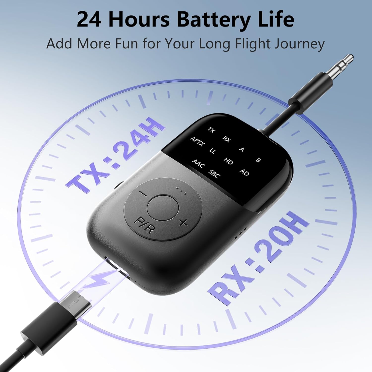 Bluetooth 5.4 Transmitter Receiver, 2-in-1 Airplane Bluetooth Adapter, Dual Headphones & 24H Battery Life for TV, Airplane, Car, Tablets, Wireless TV Headpset, Compatible with AirPods & aptX - Image 3