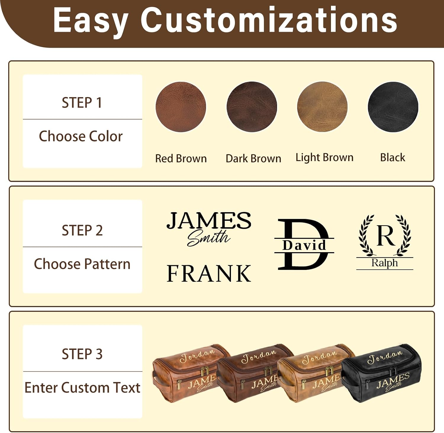 PUREFLY Mens Toiletry Travel Bag Personalized, Custom Leather Toiletries Shaving Bag, Ideas Gifts for Birthday, Anniversary, Groomsmen, Graduation, Christmas, Engraved with Pattern and Text - Image 8