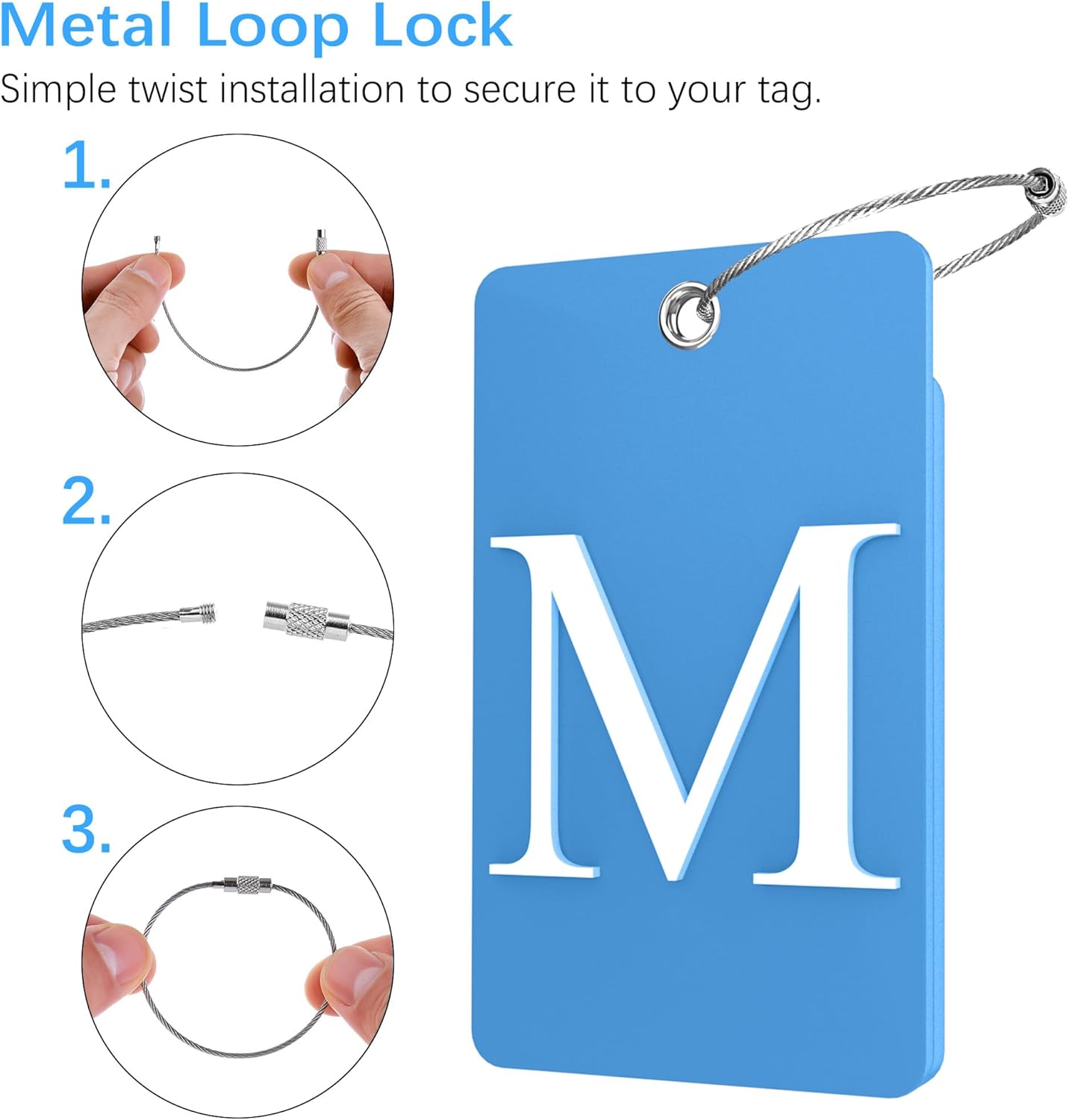 Gostwo 2 Pack Luggage Tags for Suitcases, 26 Initial Letter Travel Luggage Baggage Identification Labels ID Tag Fully Bendable Tags with Stainless Steel Loop (Blue) (Letter M) - Image 3