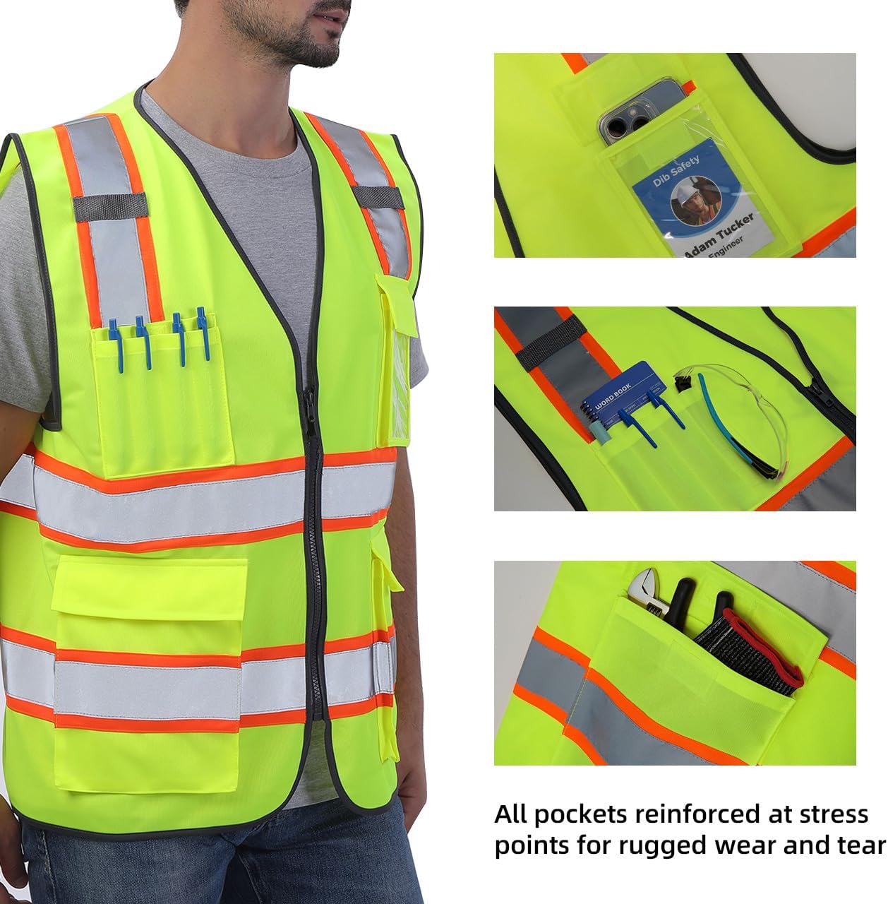 Dib Safety Reflective Vest High Visibility Two Tone with Pockets and Zipper, ANSI Class 2 Compliant, Yellow with Orange Trim XL - Image 2