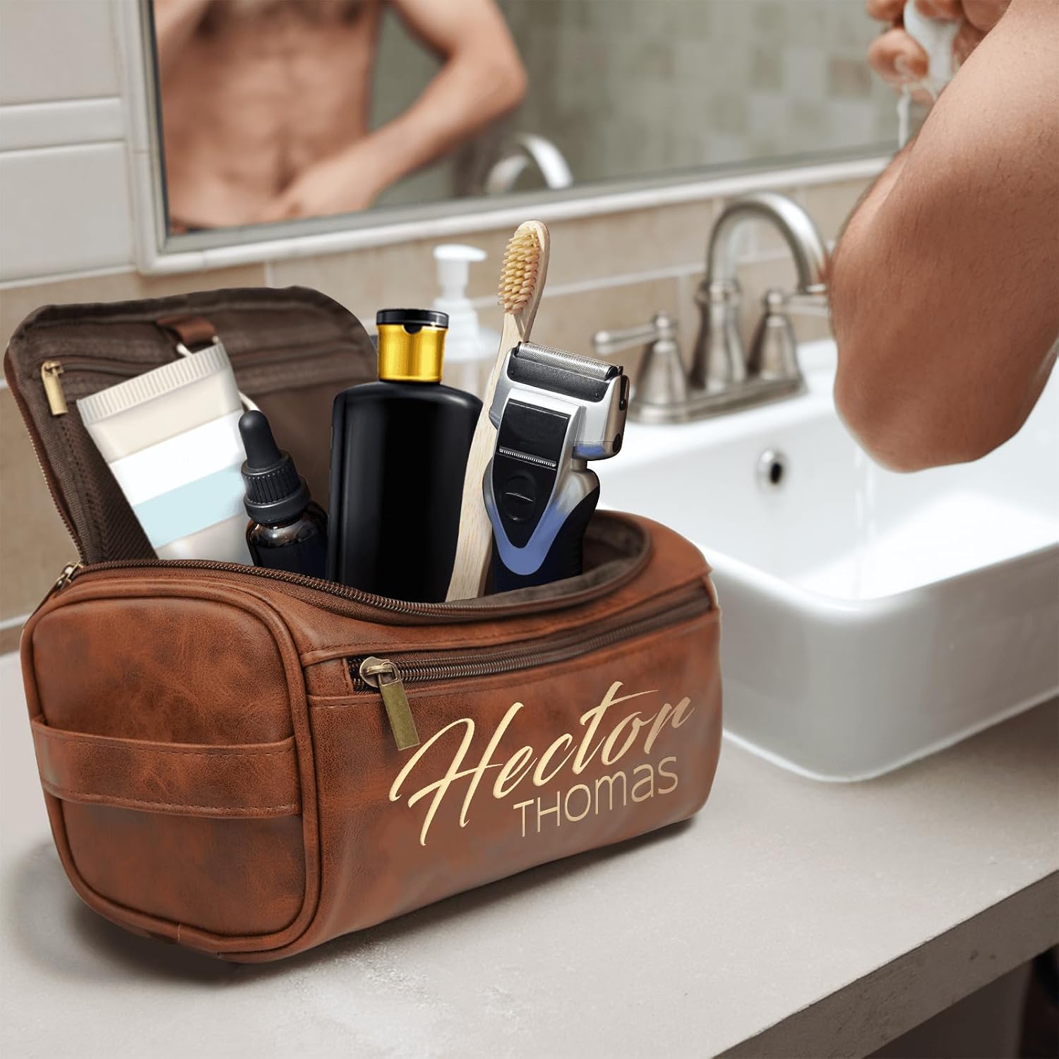 PUREFLY Mens Toiletry Travel Bag Personalized, Custom Leather Toiletries Shaving Bag, Ideas Gifts for Birthday, Anniversary, Groomsmen, Graduation, Christmas, Engraved with Pattern and Text - Image 9