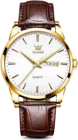 OLEVS Mens Watch Brown Leather Band...