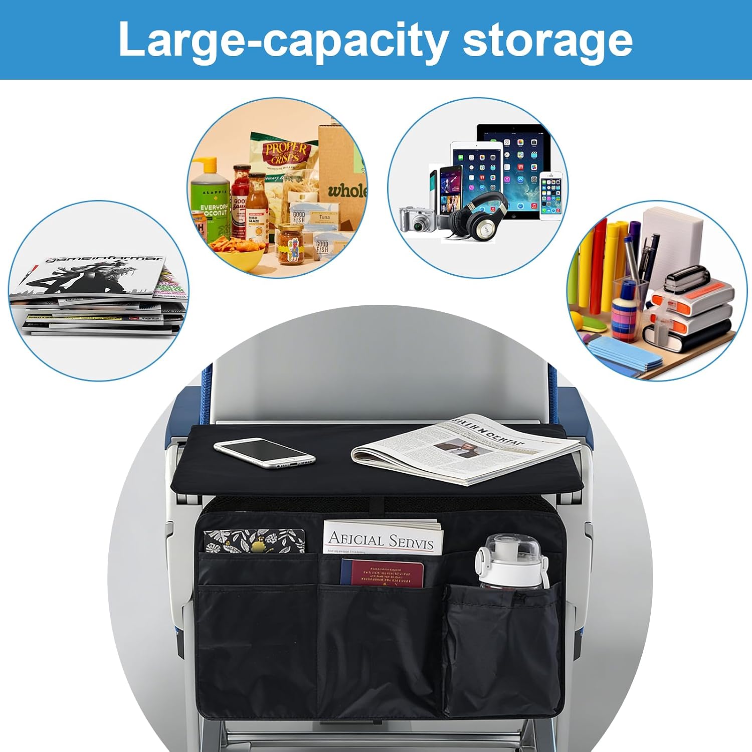 Airplane Tray Cover With Pockets, Airplane Pockets For Seat Backs And Tray Tables, With Dividers For Tablets, Magazines, Mobile Phones And Water Bottles - Image 6