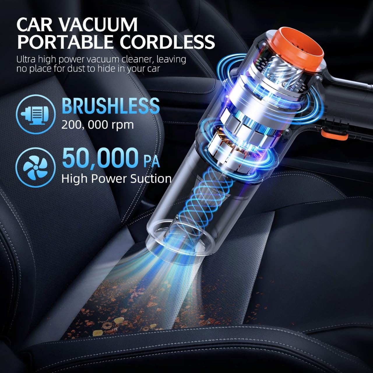 Portable Cordless Car Vacuum - 50,000Pa High-Power Brushless Motor, Rechargeable Handheld Vacuum Cleaner with 2 Batteries & Charger, 6-in-1 Vacuum Cleaners for Home, Keyboard, Pet Hair, Black - Image 2