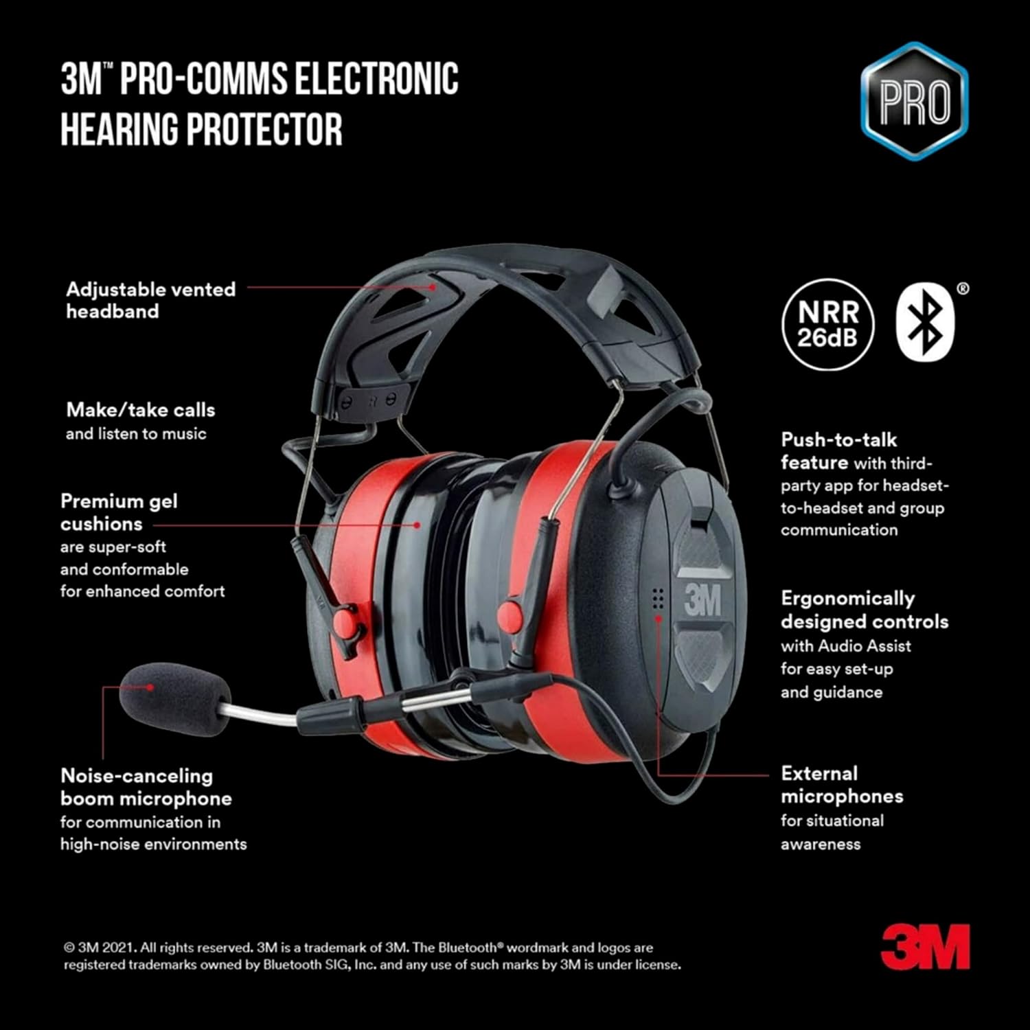 3M Pro-Comms Electronic Hearing Protection with Bluetooth Wireless Technology and External Microphones, Bluetooth Headphones, NRR 26 dB - Image 2