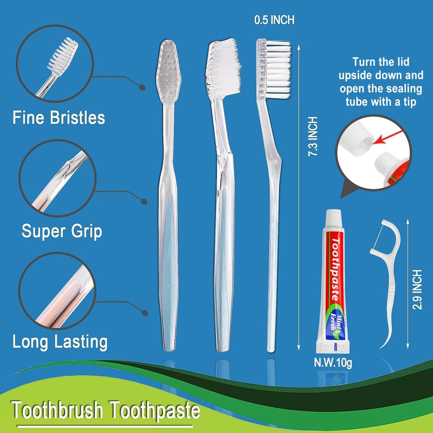 50pcs Disposable Toothbrushes with Toothpaste Floss Individually Wrapped, 2 Color Disposable Toothbrush, 10g Toothpaste, Dental Floss Pick, Bulk Toothbrush Kit for Homeless,Airbnb,Hotel - Image 4