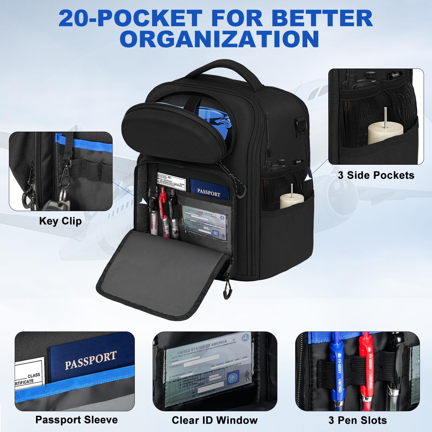 Pilot Bag,Aviation Headset Bag,Flight Bags for Pilots, Multiple Pockets for 15" Laptop,Aviation Plotter,Glasses,Flight Computer,with Shoulder Strap,Gift for Pilots (Black) - Image 5