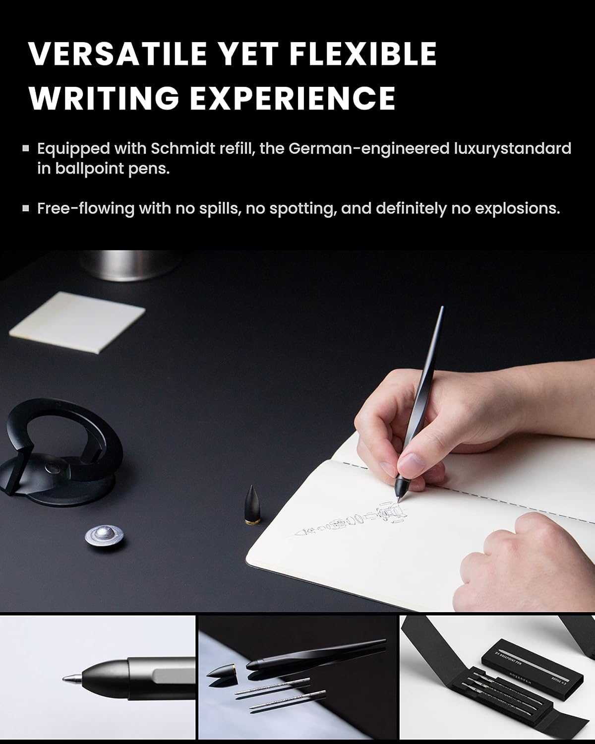 novium Hoverpen Interstellar - Space Black, Ballpoint Pen, 18K Gold-plated Pen Ring, 23.5 Degree Angle, Schmidt Ballpoint Refill, No Spills, No Spotting, No Explosions - Image 5