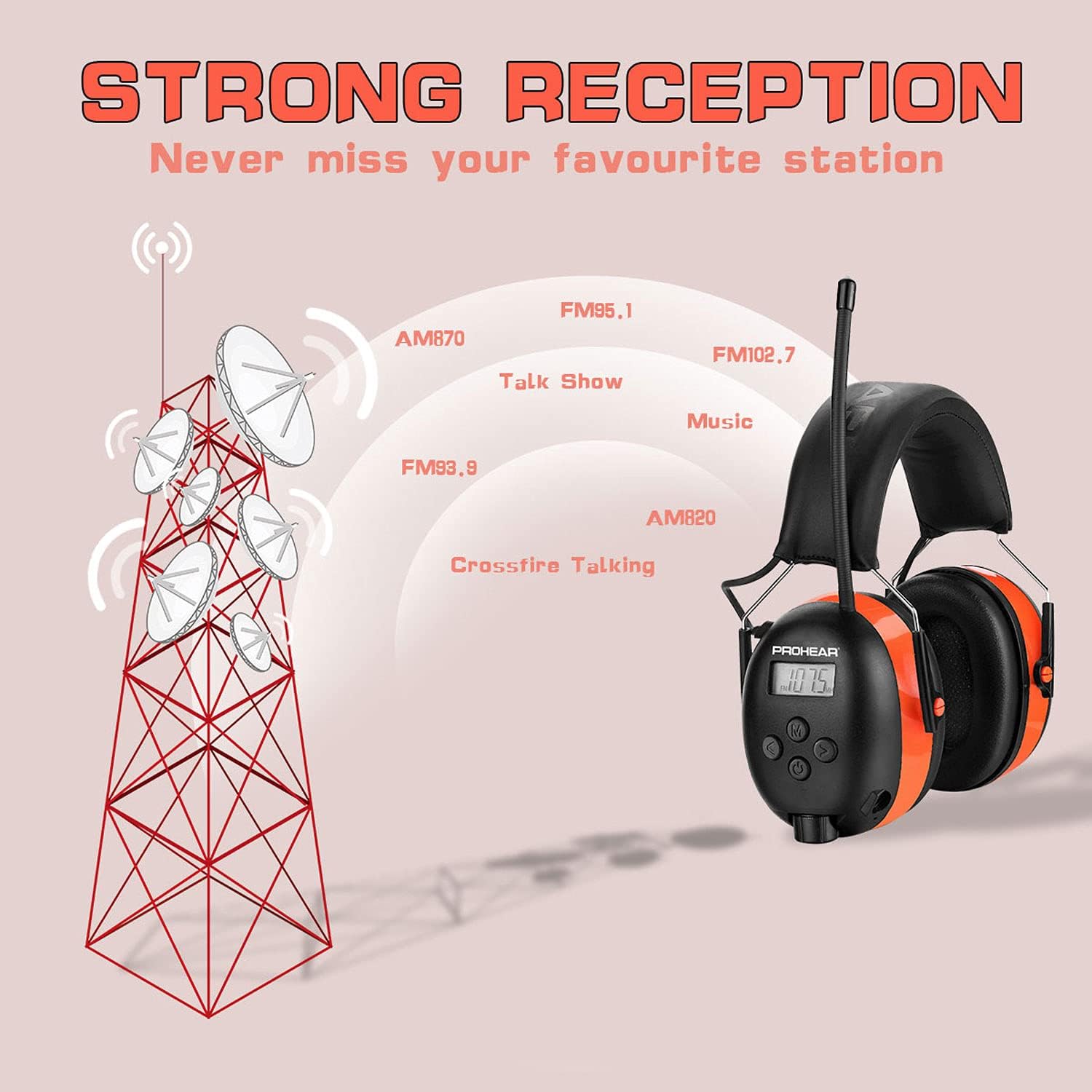 PROHEAR 027 AM FM Radio Headphones with Digital Display, 25dB NRR, Safety Ear Protection Earmuffs for Mowing, Snowblowing, Construction, Work Shops - Orange - Image 2